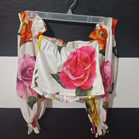 Women Floral Roses printed off shoulder puffer sleeves corset top - Picture 8 of 10